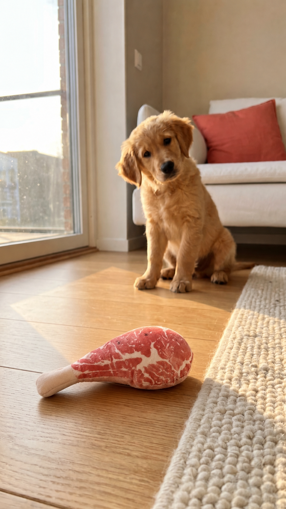 Szczeniak golden retriever gryzie pluszowy banknot